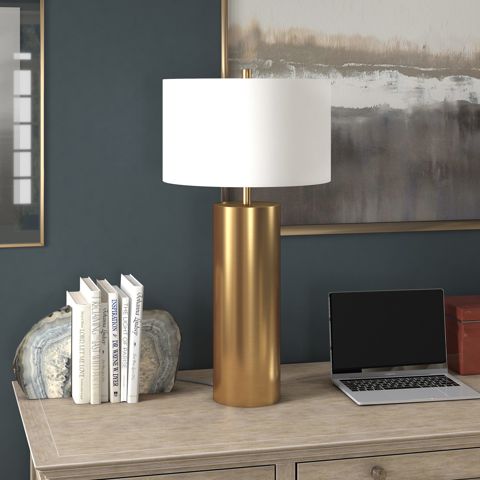 30" Brass Metal Table Lamp With White Drum Shade 