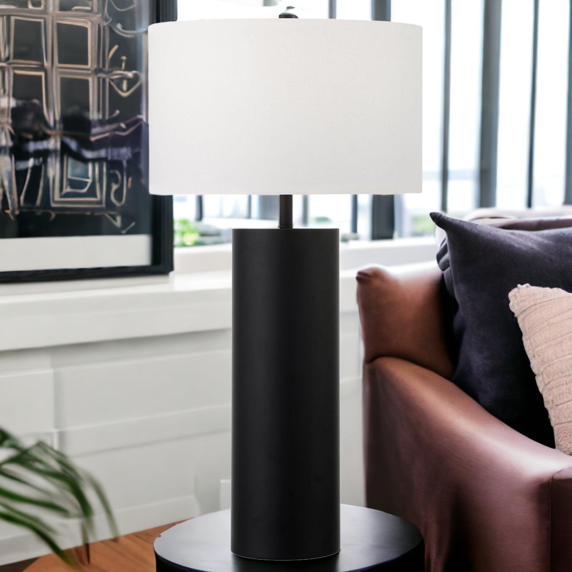 30" Black Metal Table Lamp With White Drum Shade 
