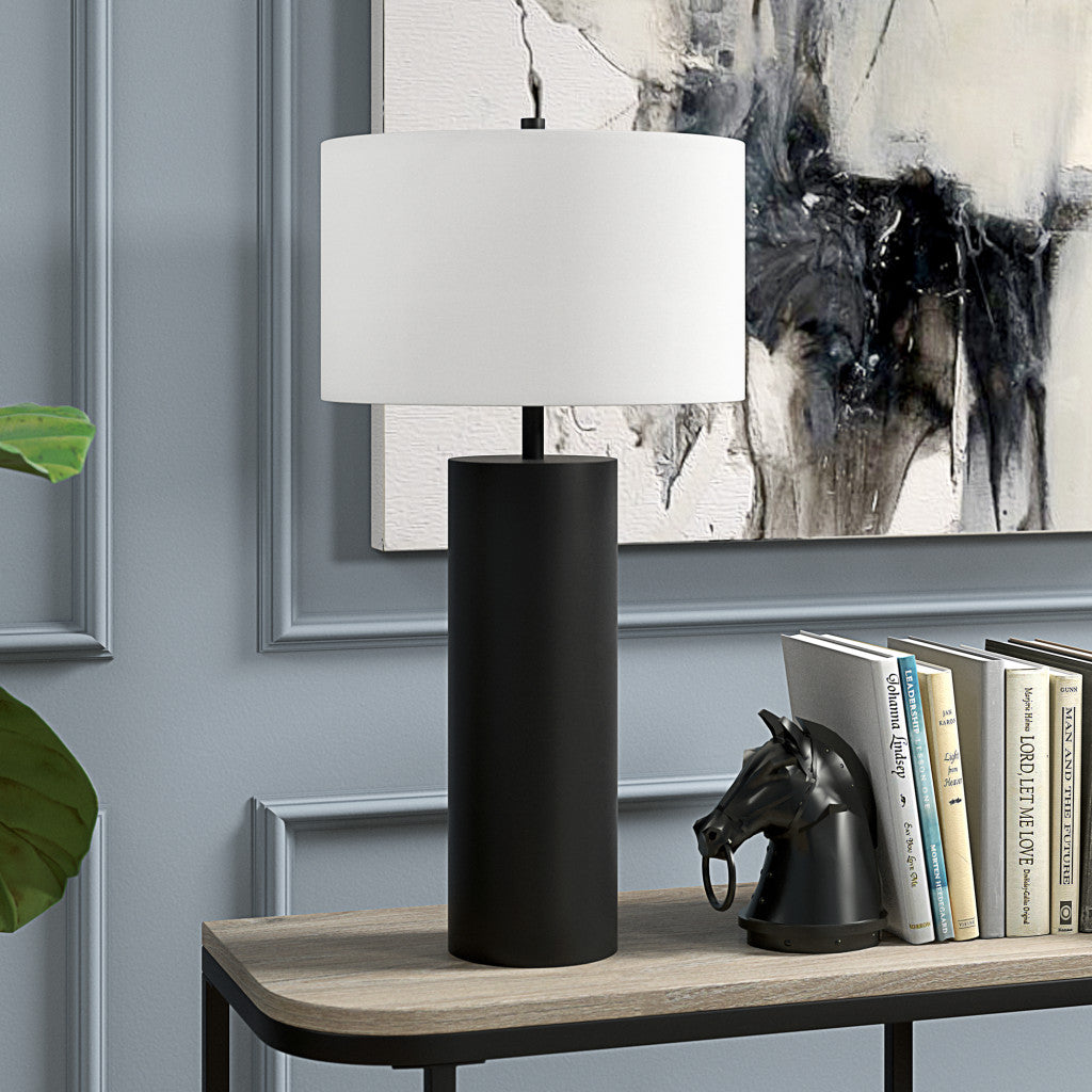 30" Black Metal Table Lamp With White Drum Shade 