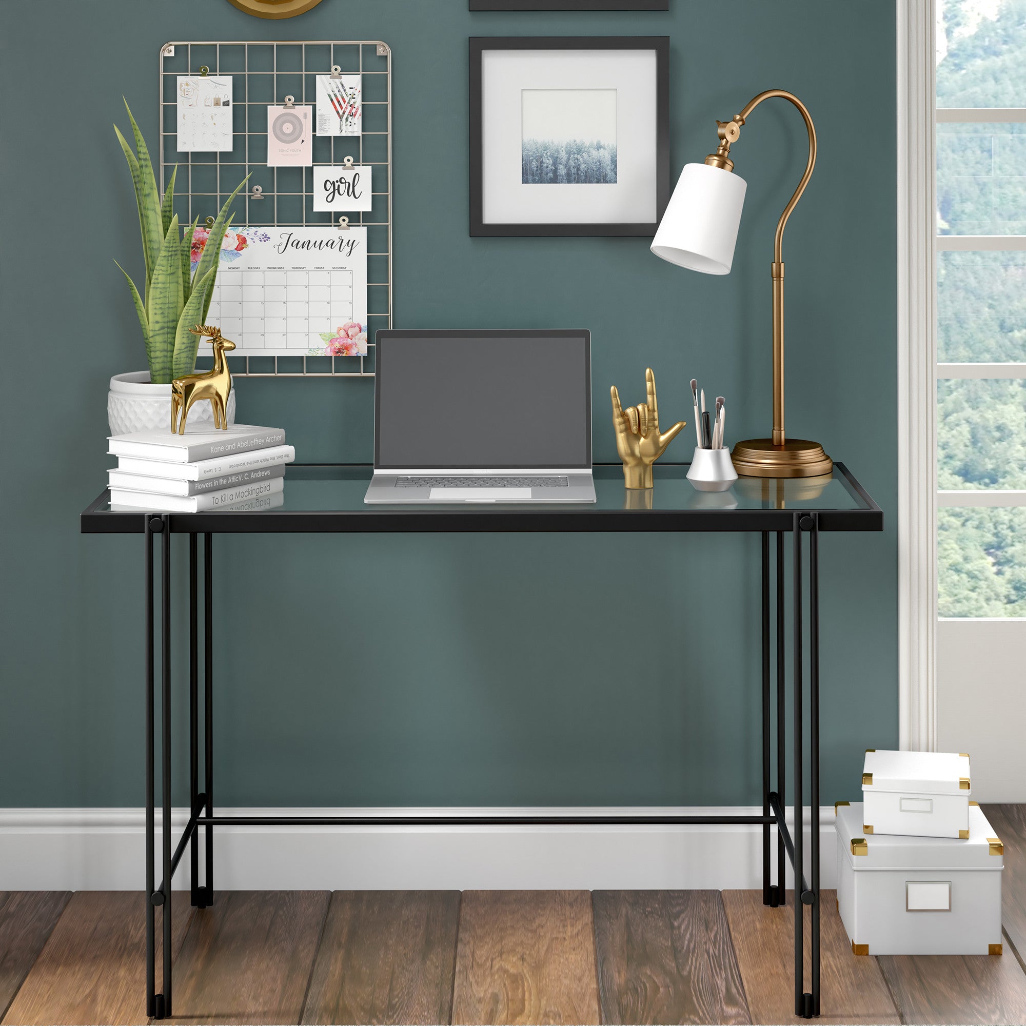 25" Brass Metal Arched Table Lamp With White Drum Shade 