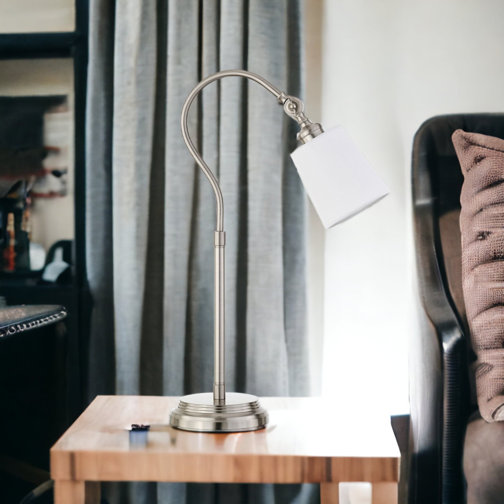 25" Nickel Metal Arched Table Lamp With White Drum Shade 