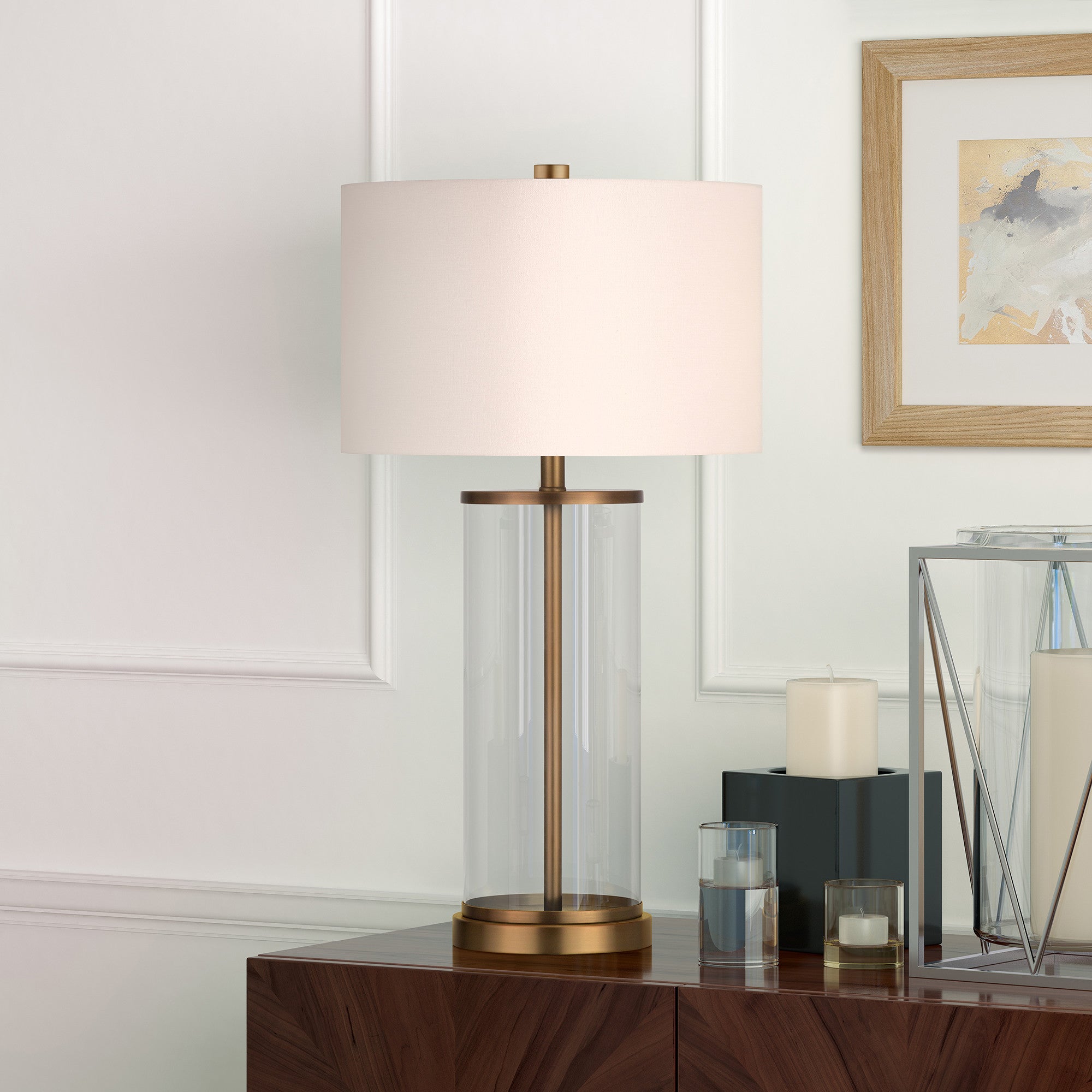 28" Brass Glass Table Lamp With White Drum Shade 