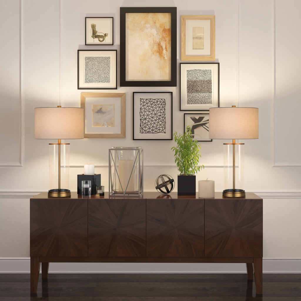 28" Brass Glass Table Lamp With White Drum Shade 