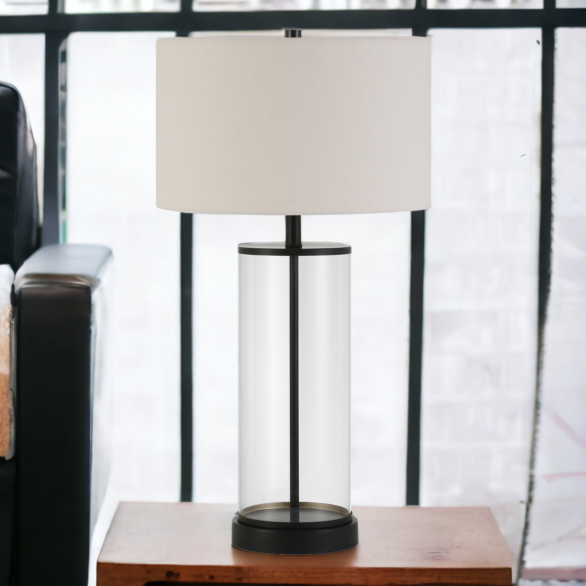 28" Black Glass Table Lamp With White Drum Shade 