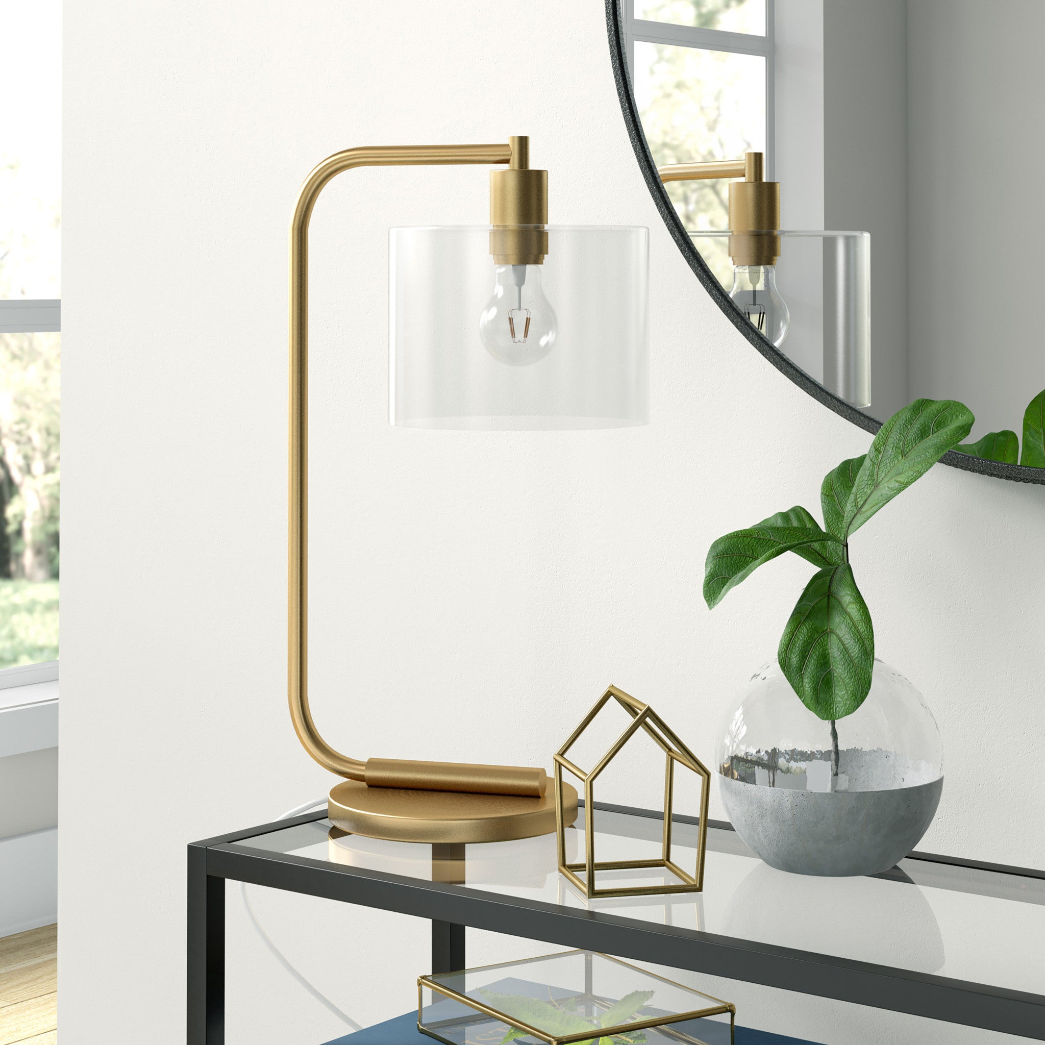 20" Gold Metal Arched Table Lamp With Clear Drum Shade 