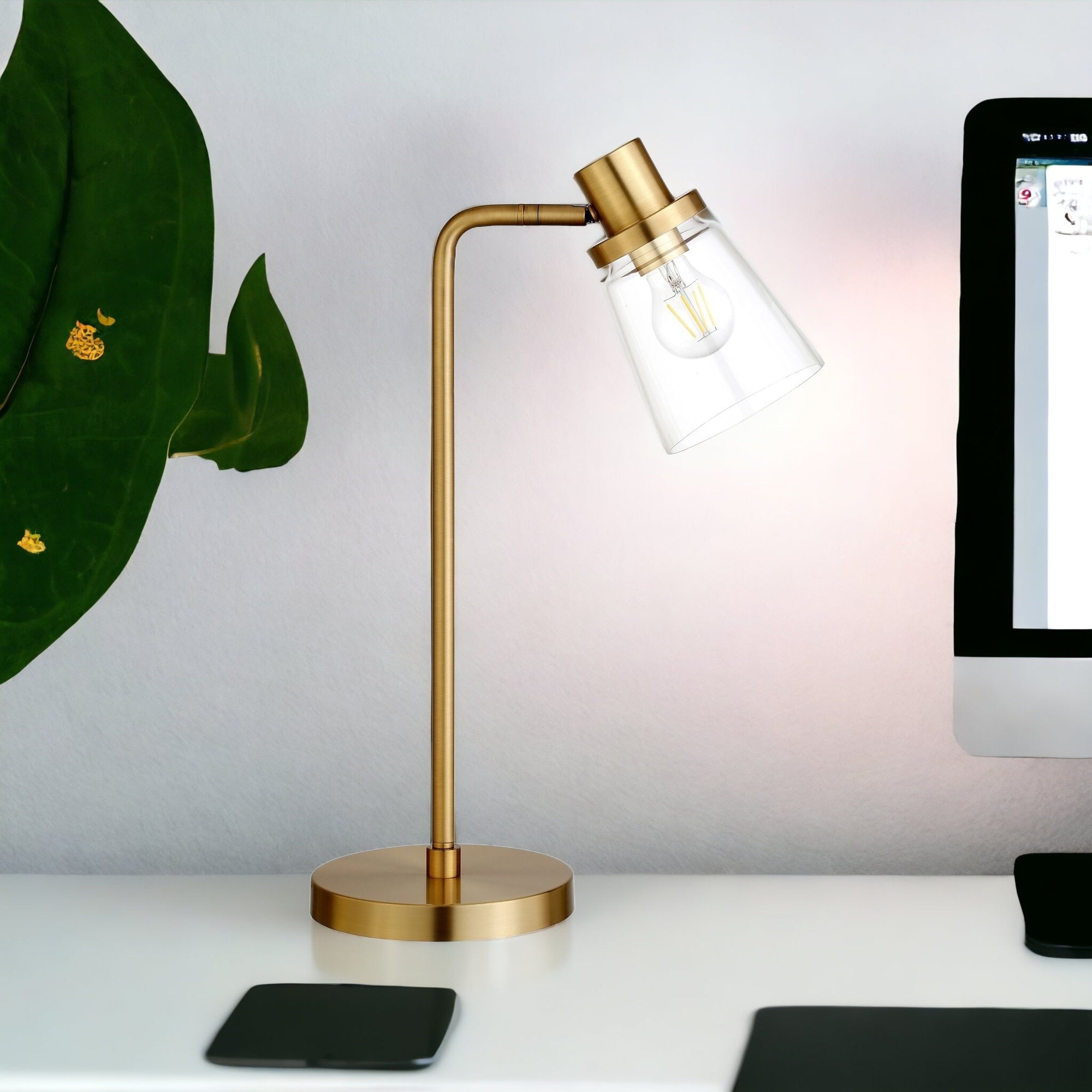 21" Brass Metal Arched Table Lamp With Clear Cone Shade 