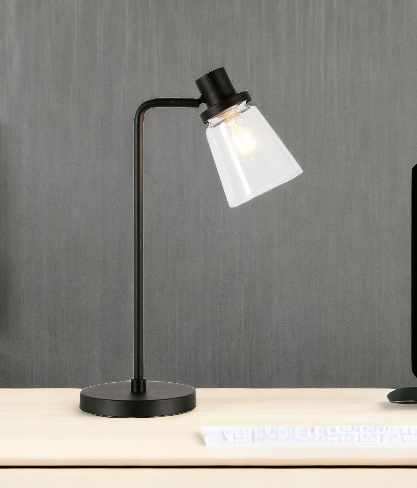 21" Black Metal Arched Table Lamp With Clear Cone Shade 