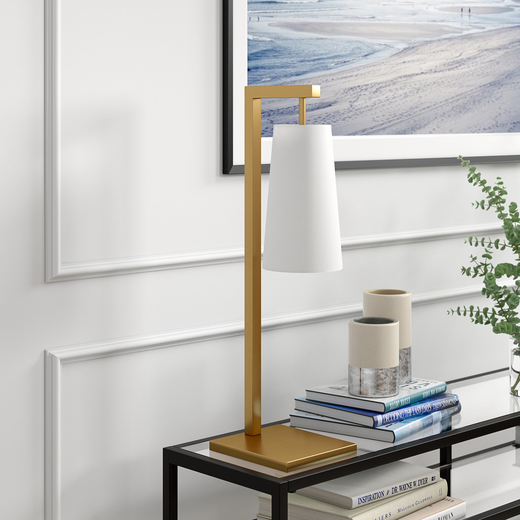 26" Brass Metal Desk Table Lamp With White Cone Shade 