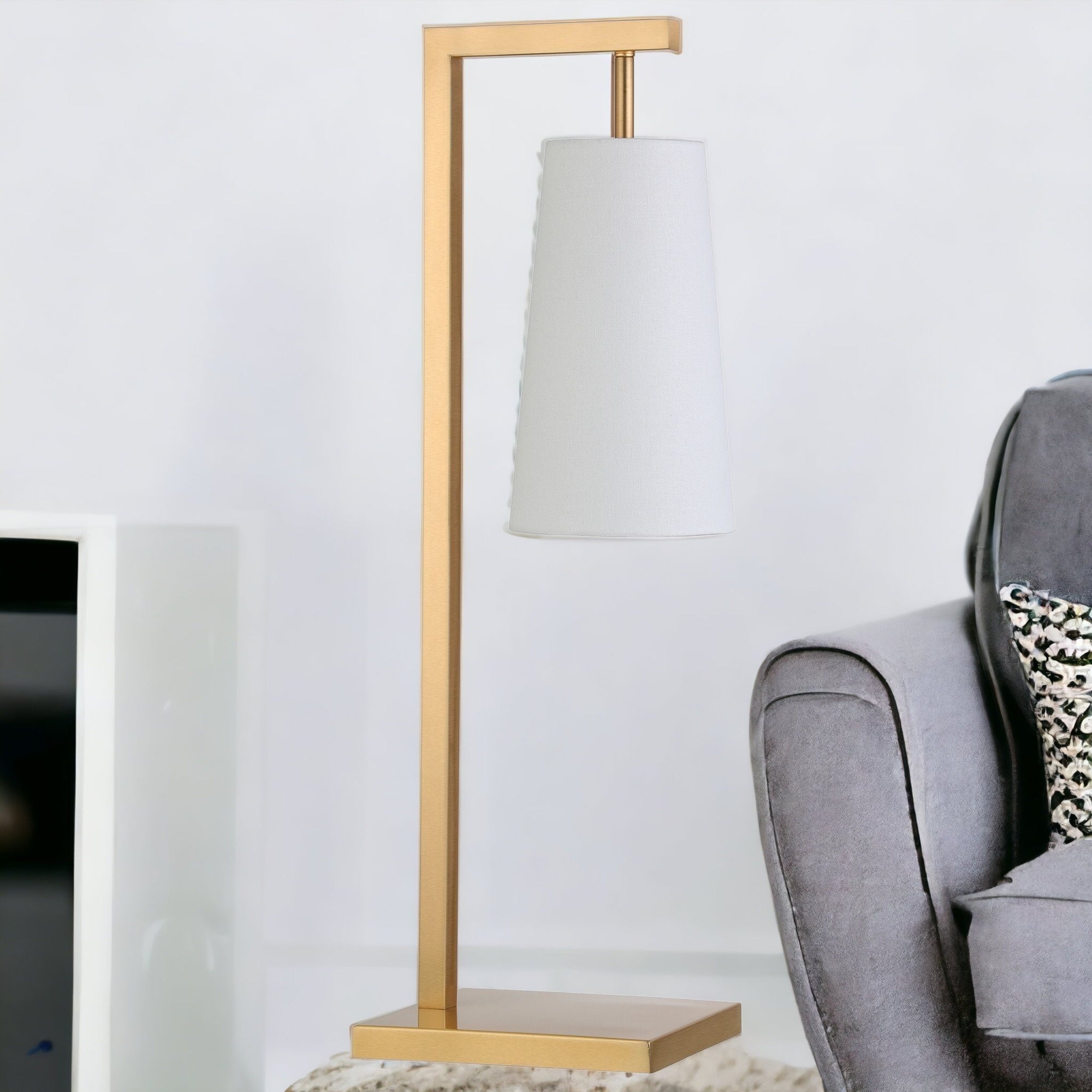 26" Brass Metal Desk Table Lamp With White Cone Shade 