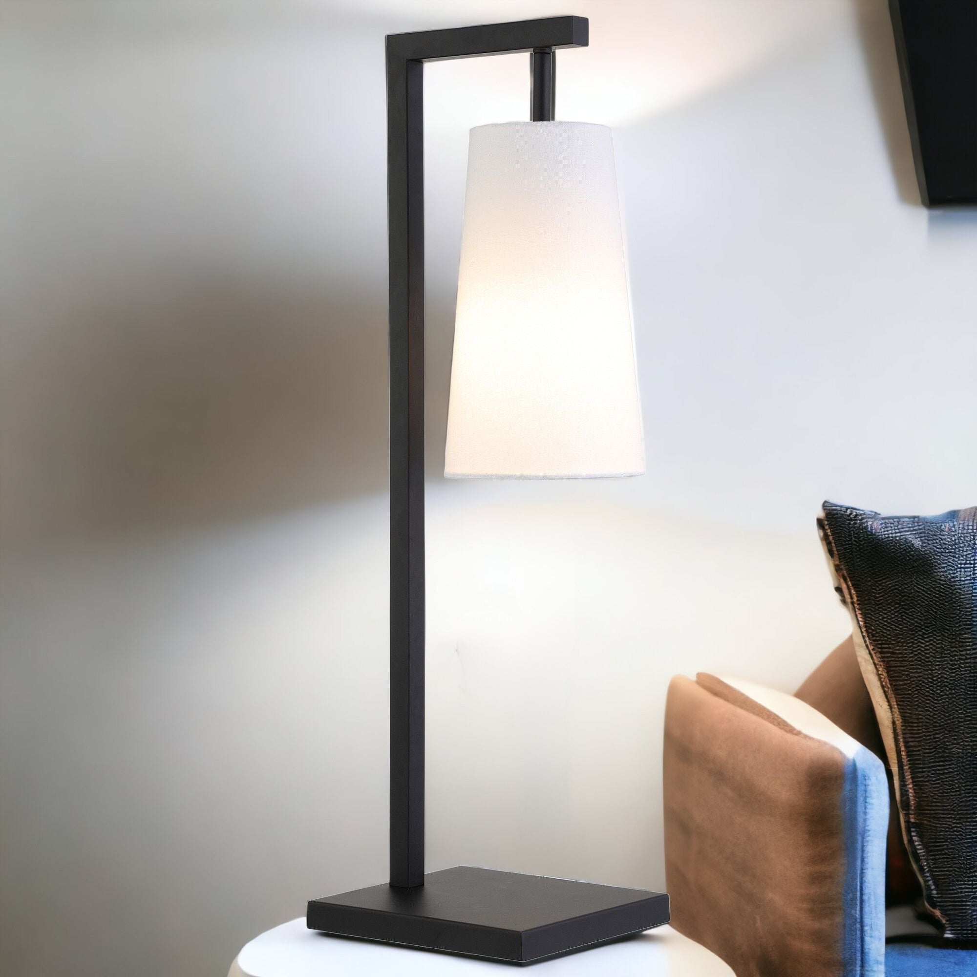 26" Black Metal Desk Table Lamp With White Cone Shade 