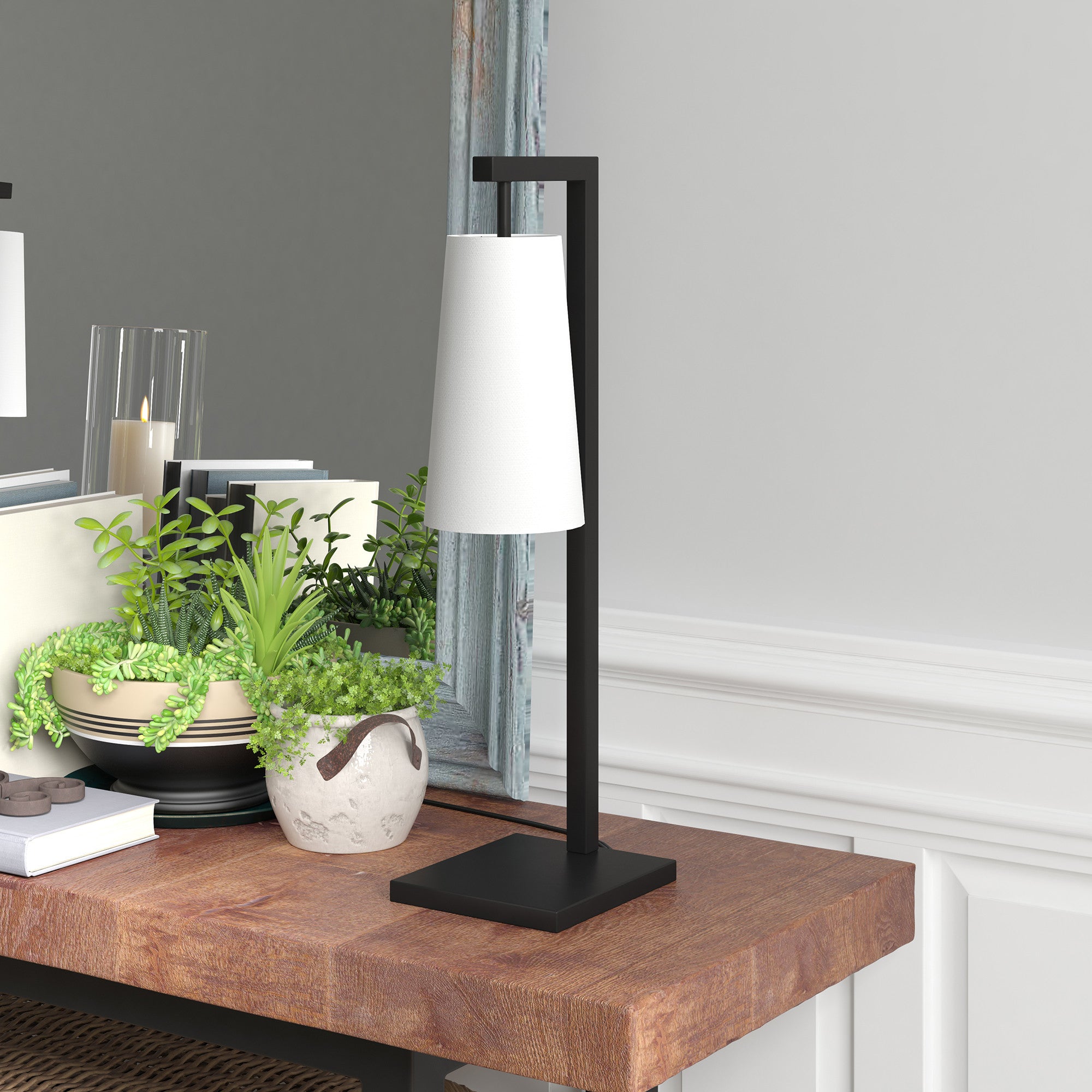 26" Black Metal Desk Table Lamp With White Cone Shade 