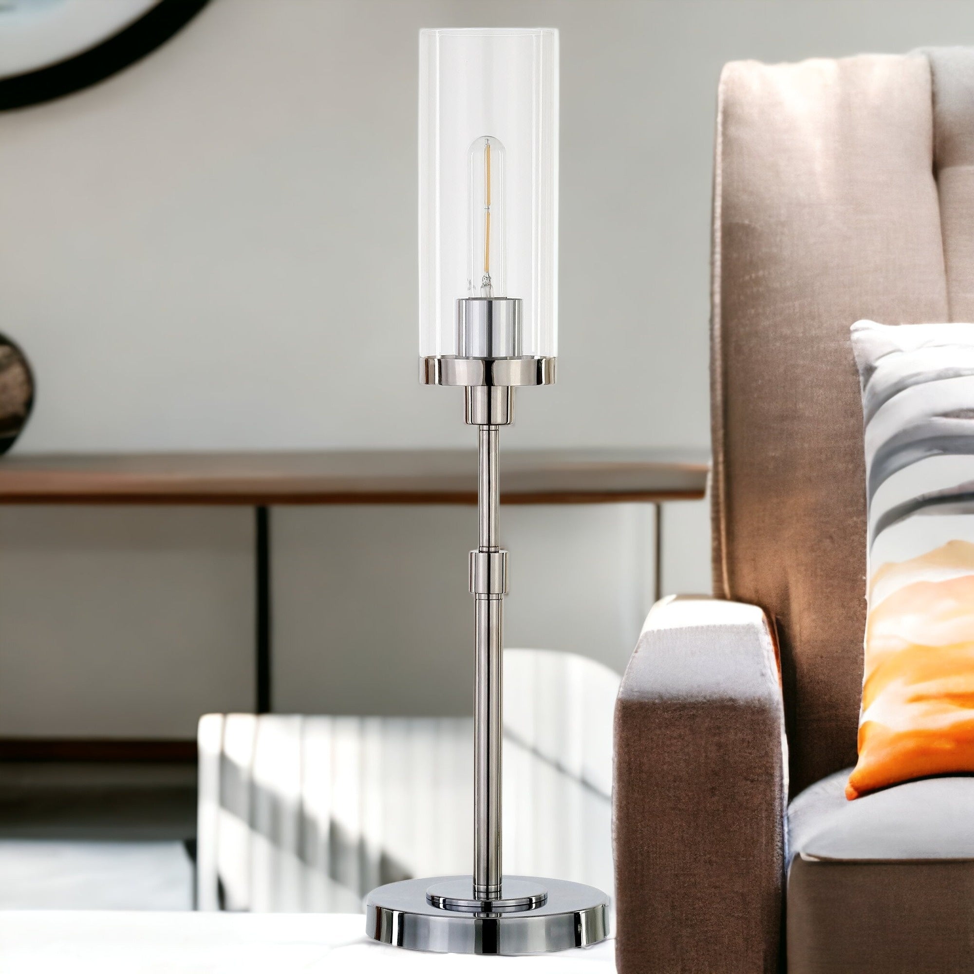 26" Nickel Metal Table Lamp With Clear Cylinder Shade 
