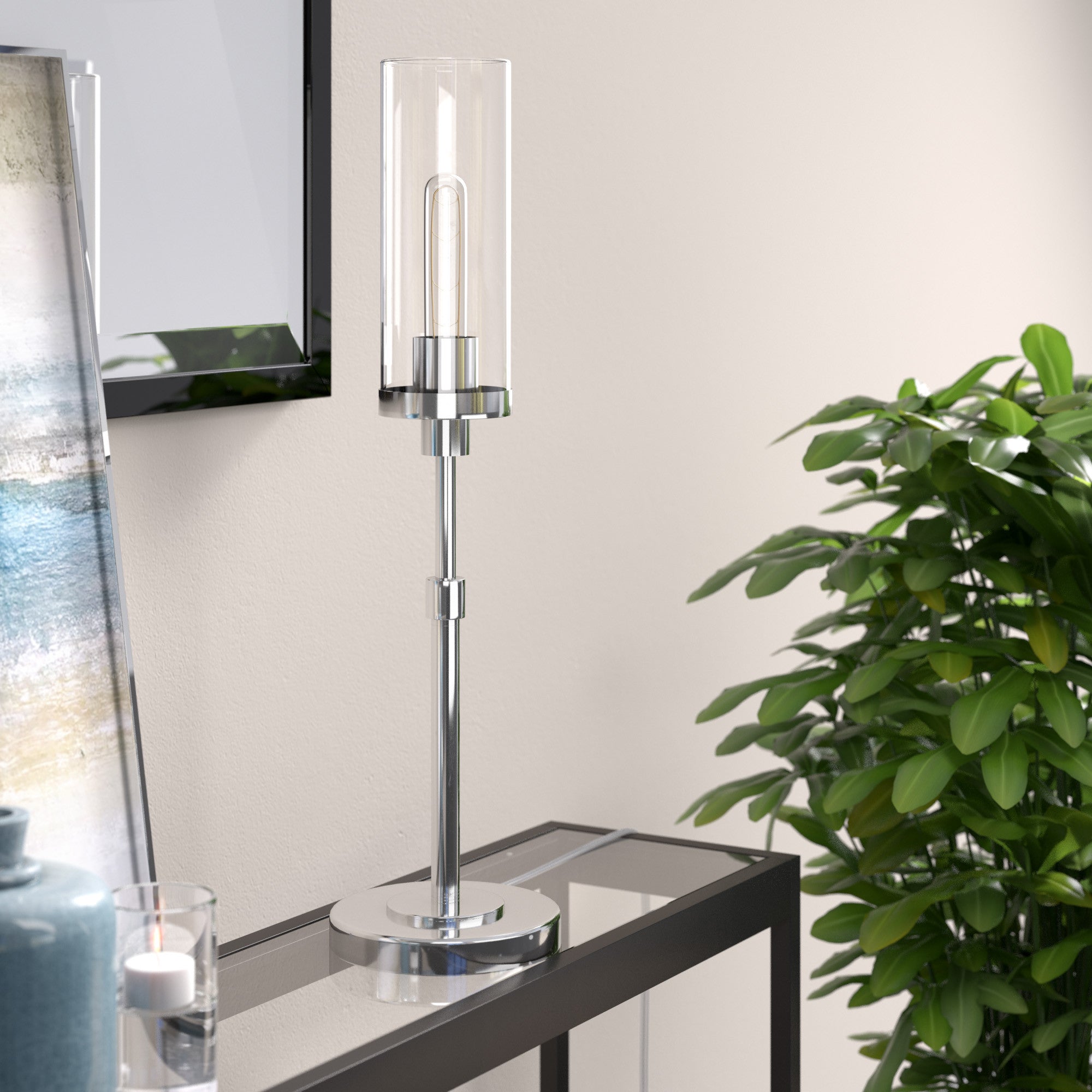 26" Nickel Metal Table Lamp With Clear Cylinder Shade 