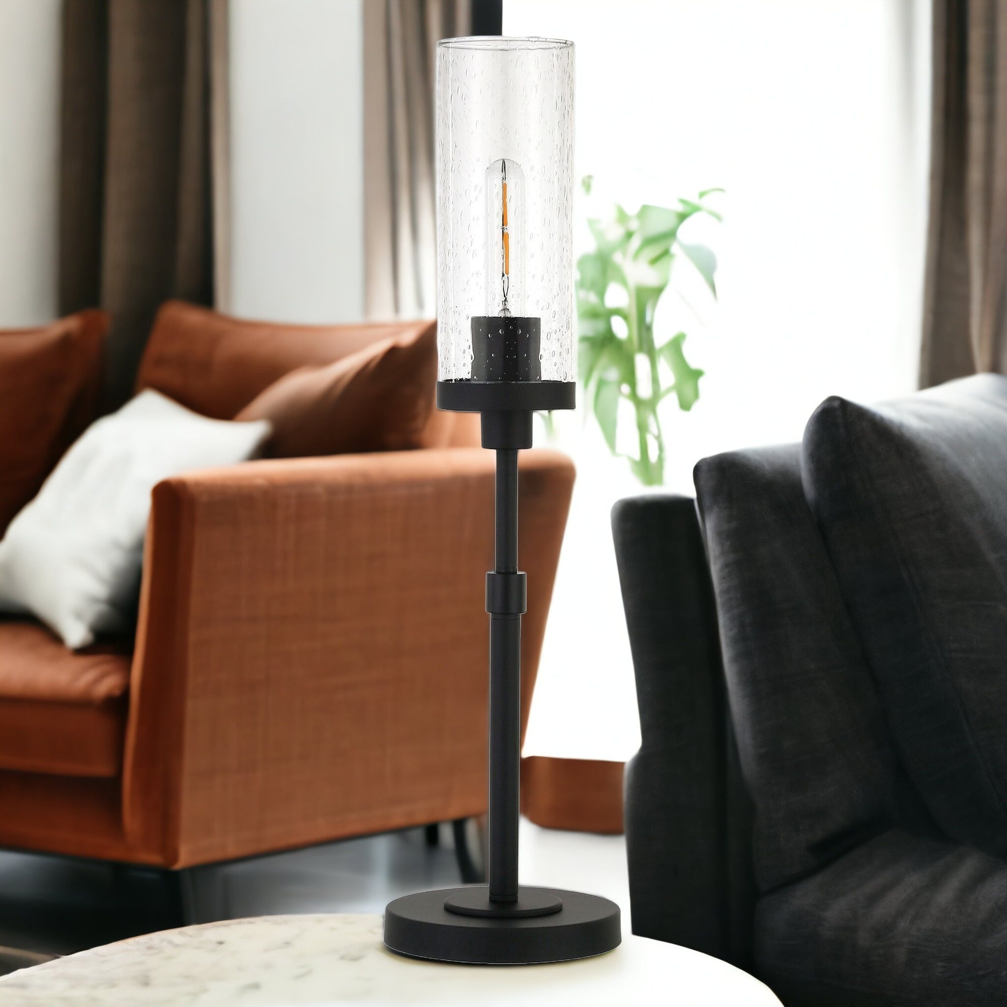 26" Black Metal Table Lamp With Clear Seeded Cylinder Shade 