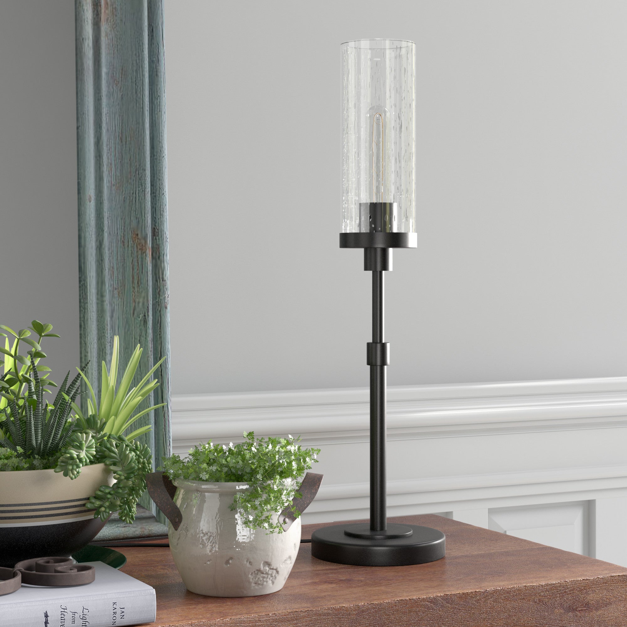 26" Black Metal Table Lamp With Clear Seeded Cylinder Shade 