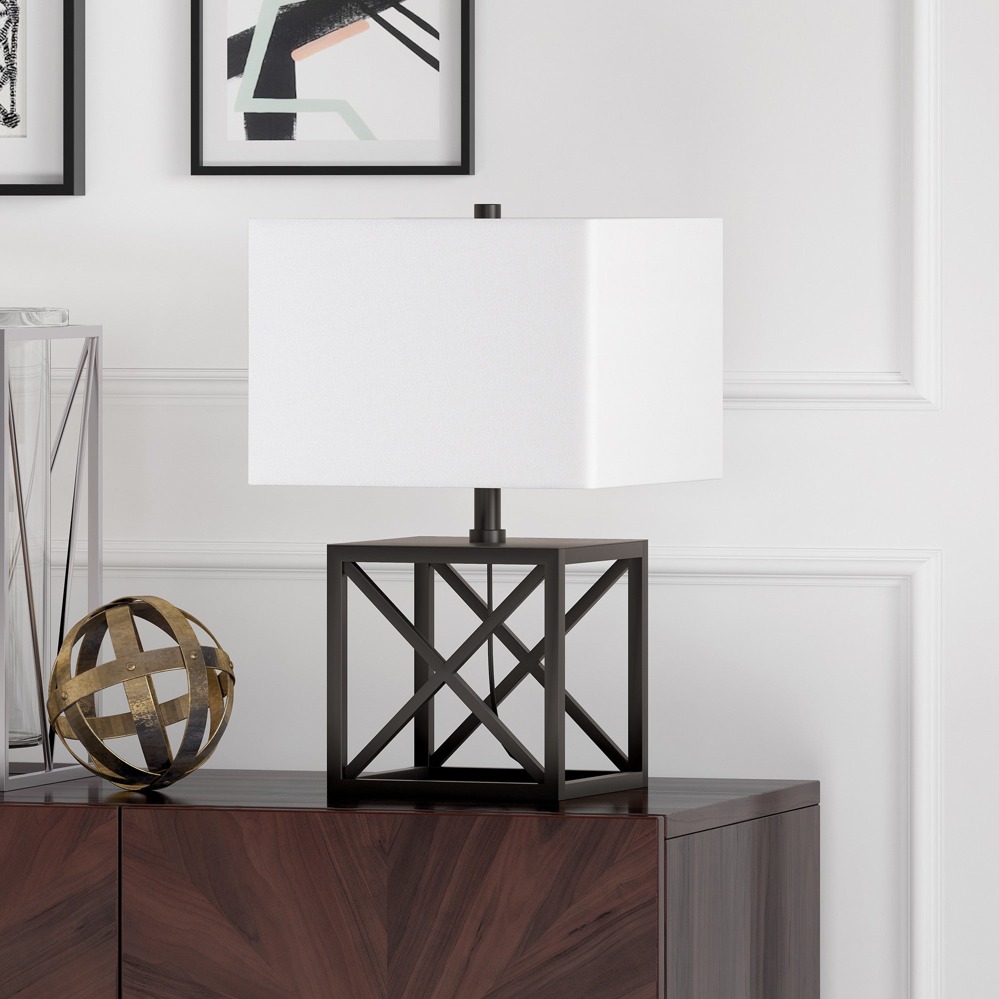 19" Black Metal Table Lamp With White Square Shade 