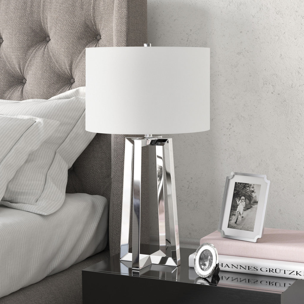 24" Nickel Metal Table Lamp With White Drum Shade 