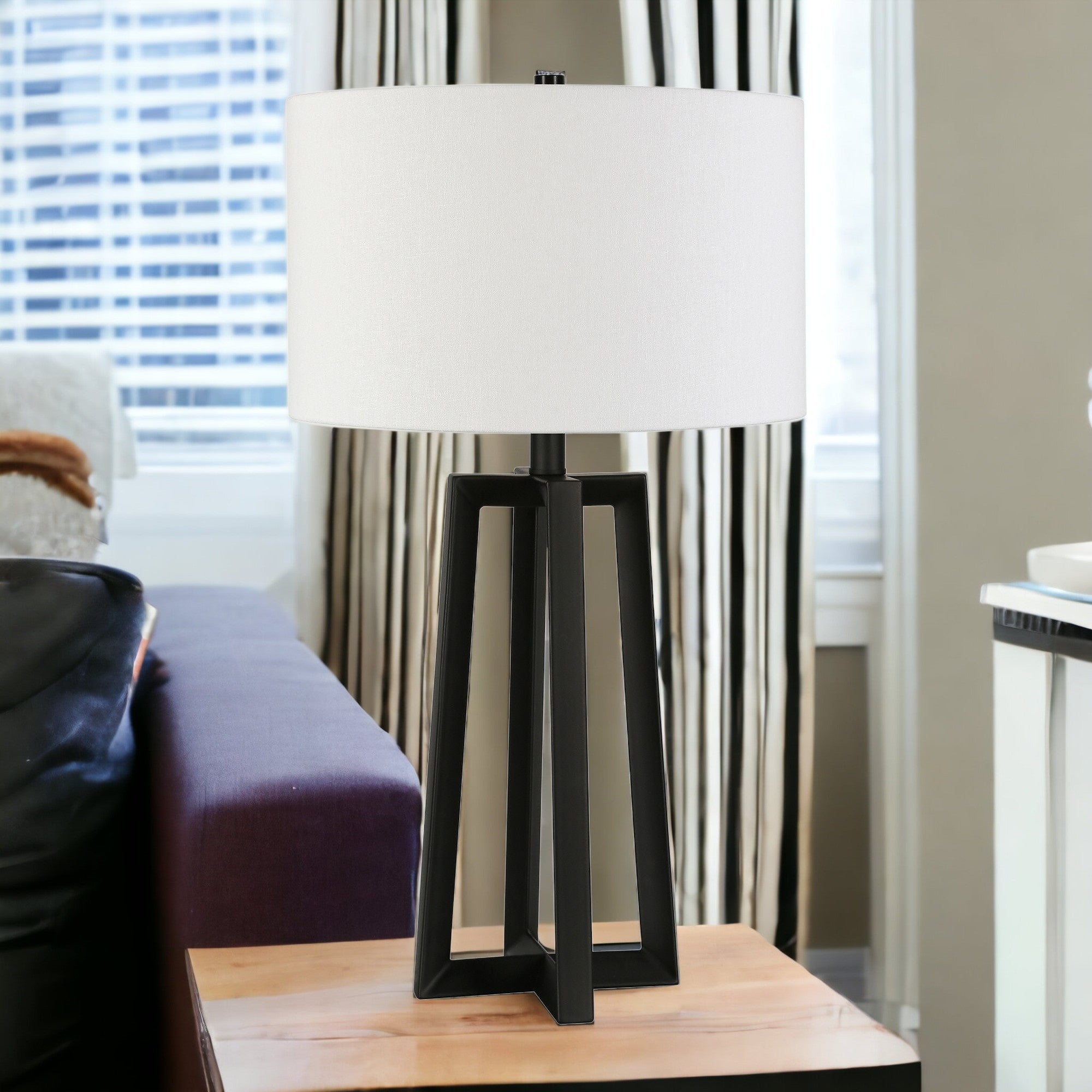 24" Black and White Metal Table Lamp With White Drum Shade