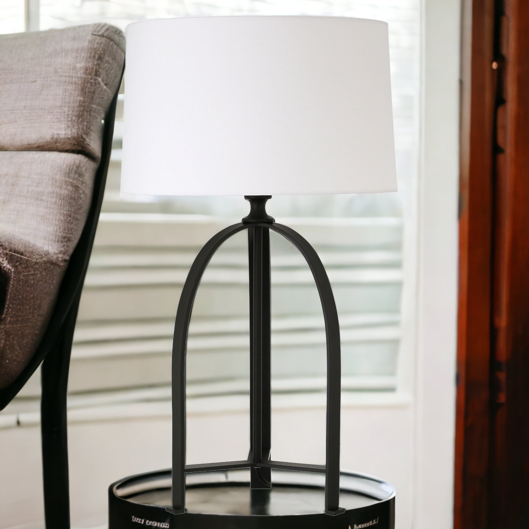 26" Black Metal Tripod Table Lamp With White Drum Shade