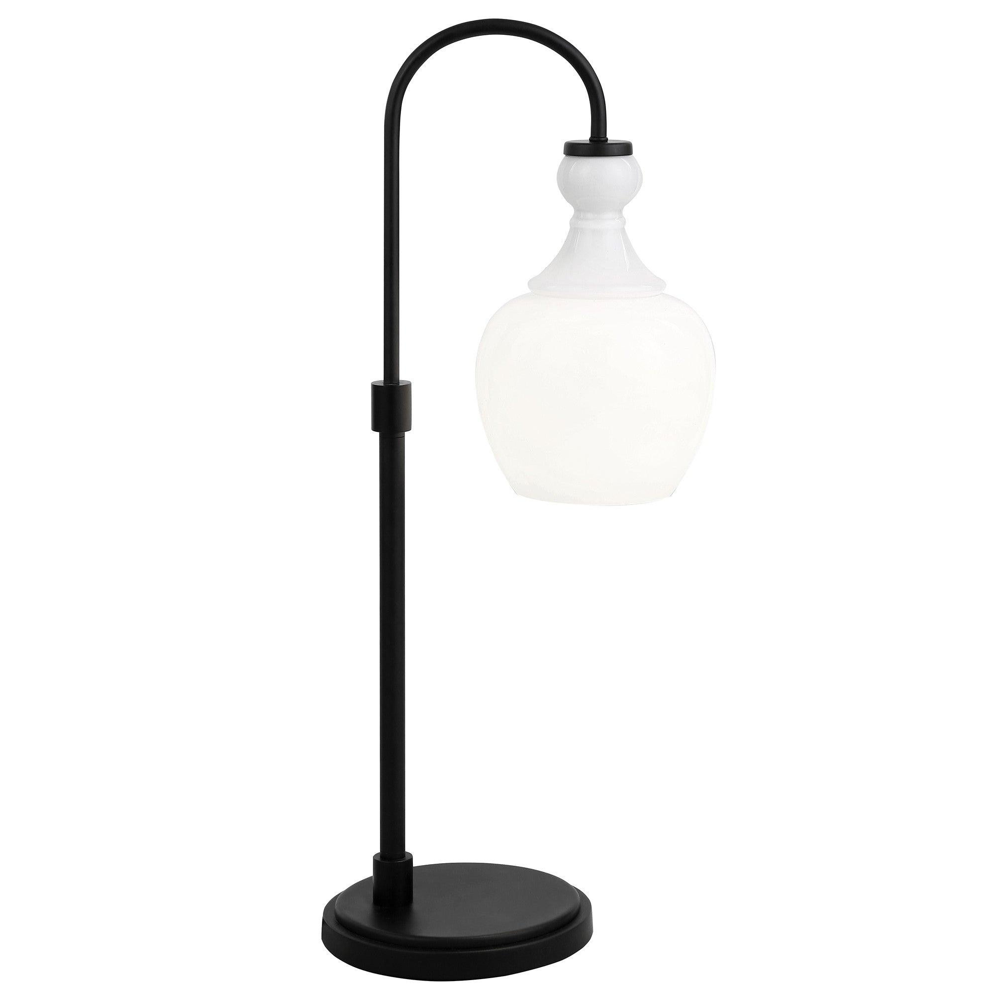 27" Black Metal Arched Table Lamp With White Dome Shade