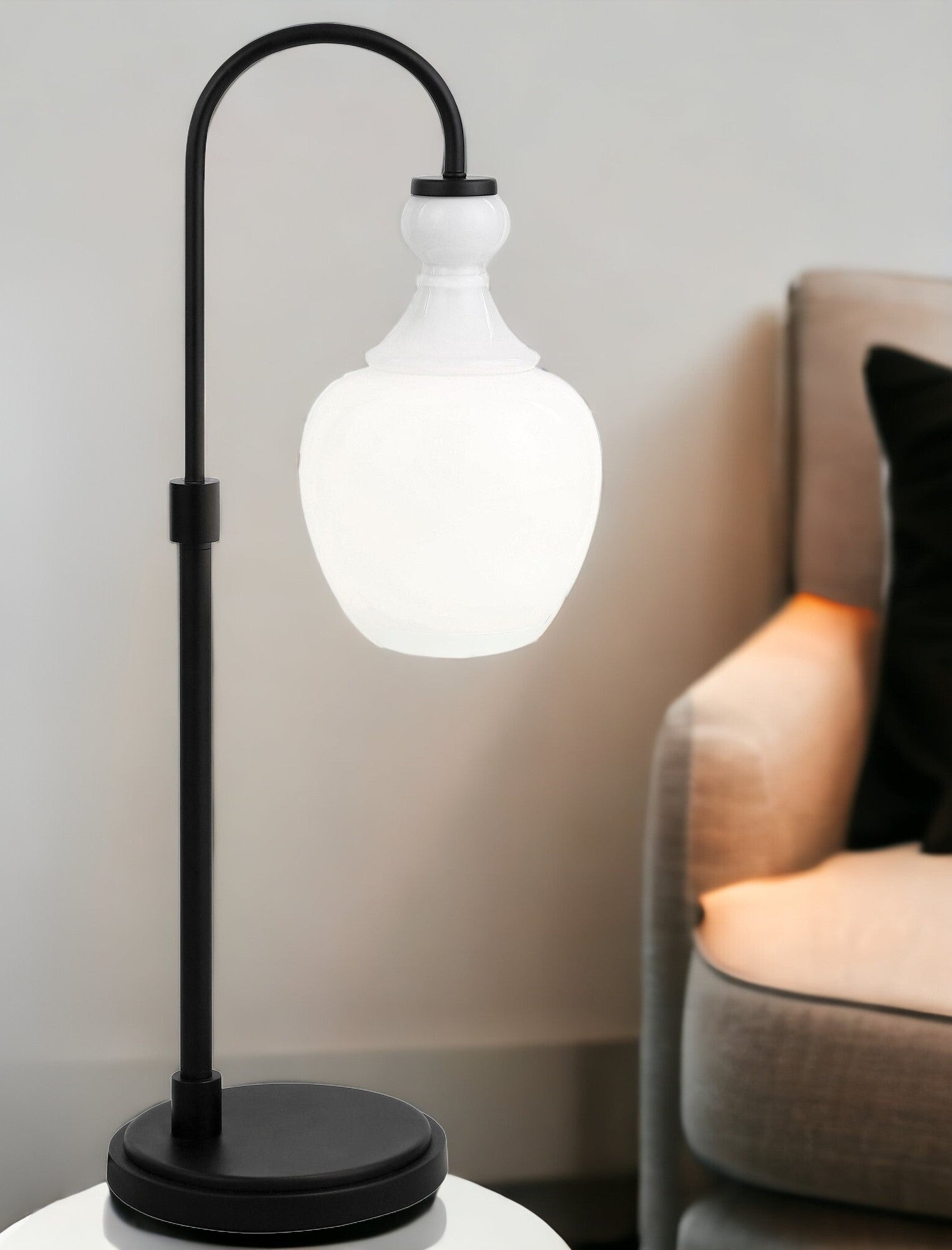 27" Black Metal Arched Table Lamp With White Dome Shade 