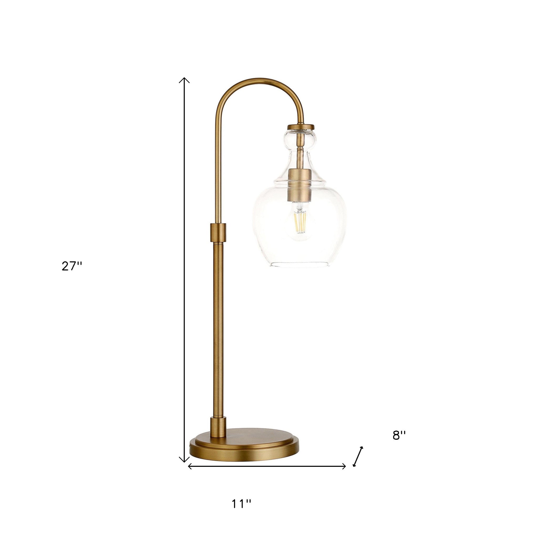 27" Brass Metal Arched Table Lamp With Clear Dome Shade