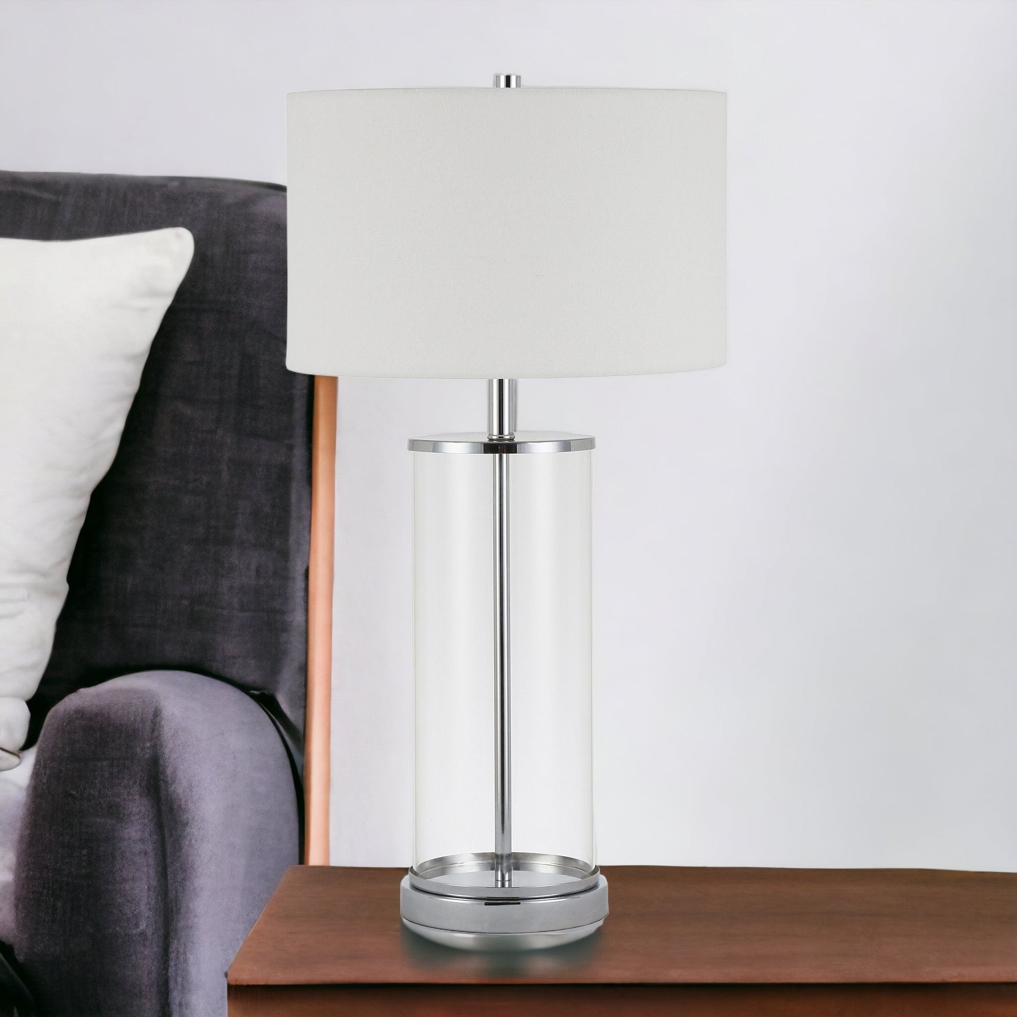 28" Nickel Glass Table Lamp With White Drum Shade