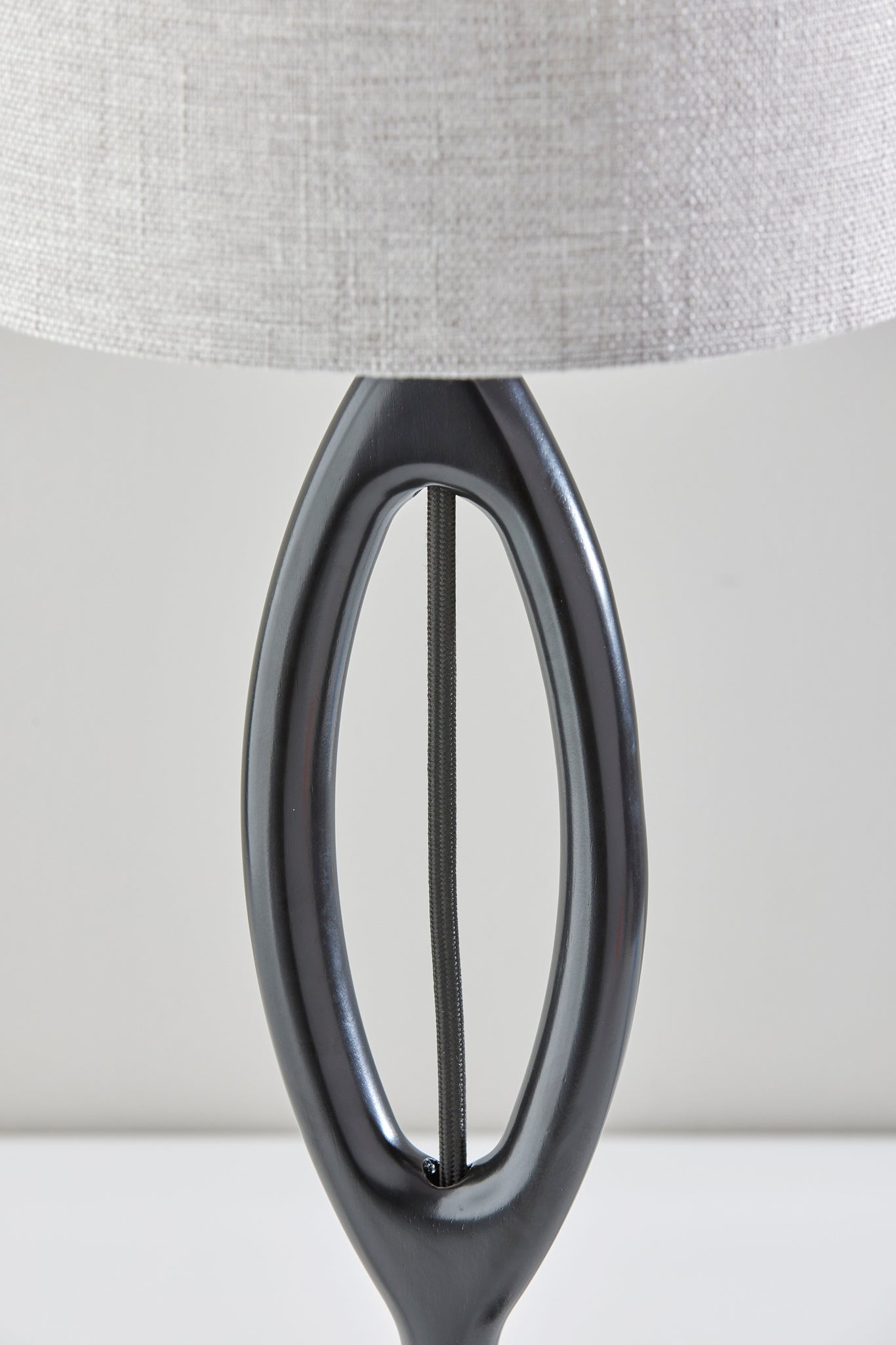 28" Black Solid Wood Round Table Lamp With Gray Drum Shade