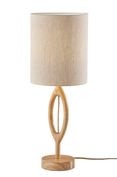 28" Natural Solid Wood Round Table Lamp With Beige Drum Shade 