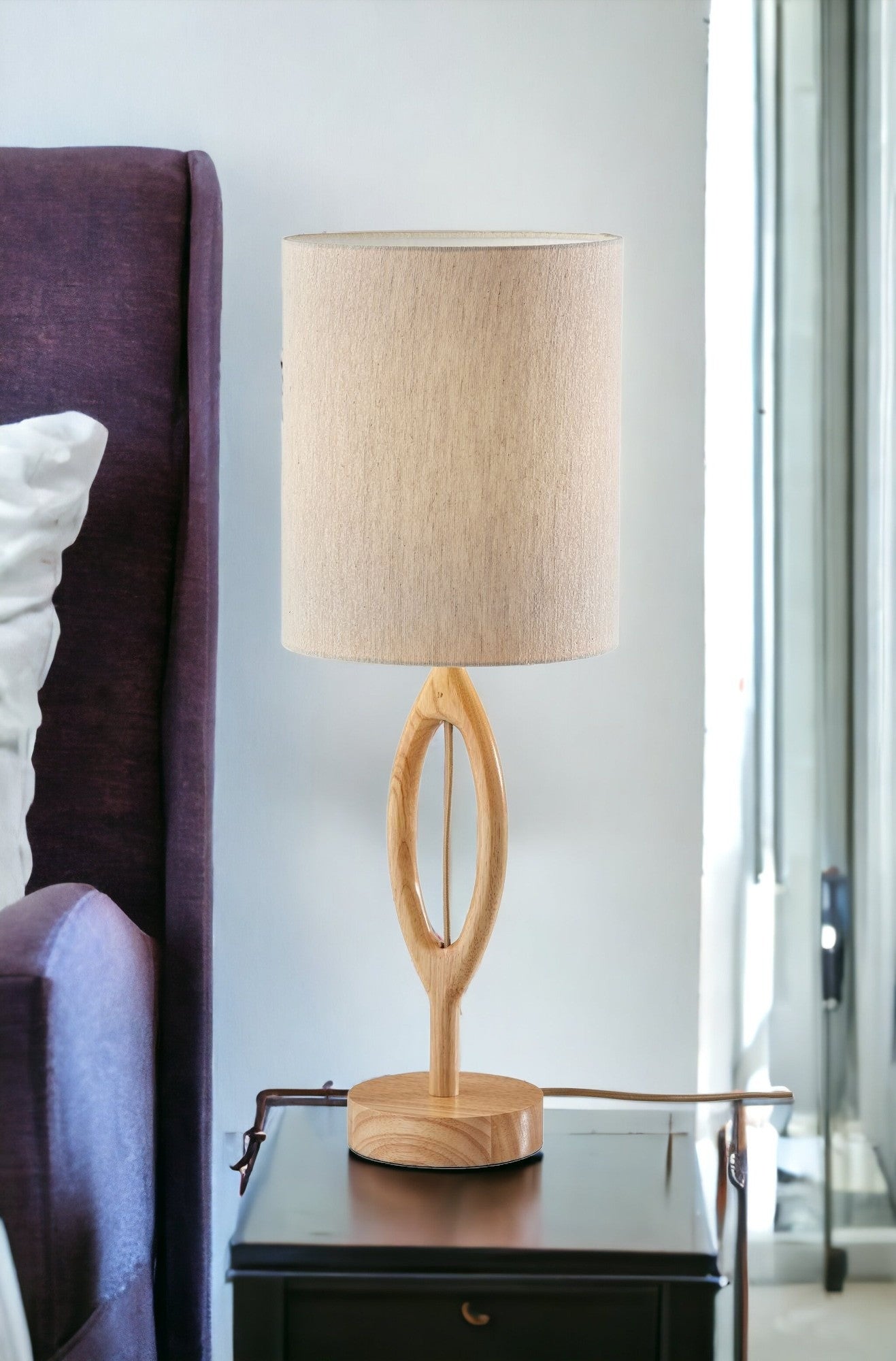 28" Natural Solid Wood Round Table Lamp With Beige Drum Shade