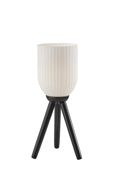 23" Black Solid Wood Tripod Table Lamp With White Ribbed Glass Shade 