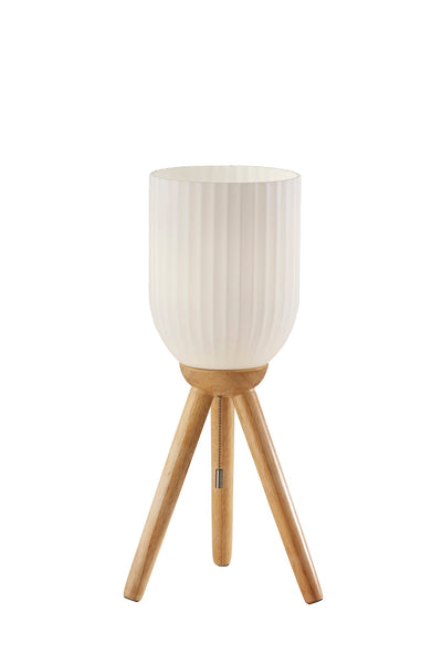 23" Brown Solid Wood Tripod Table Lamp With White Ribbed Dome Shade 
