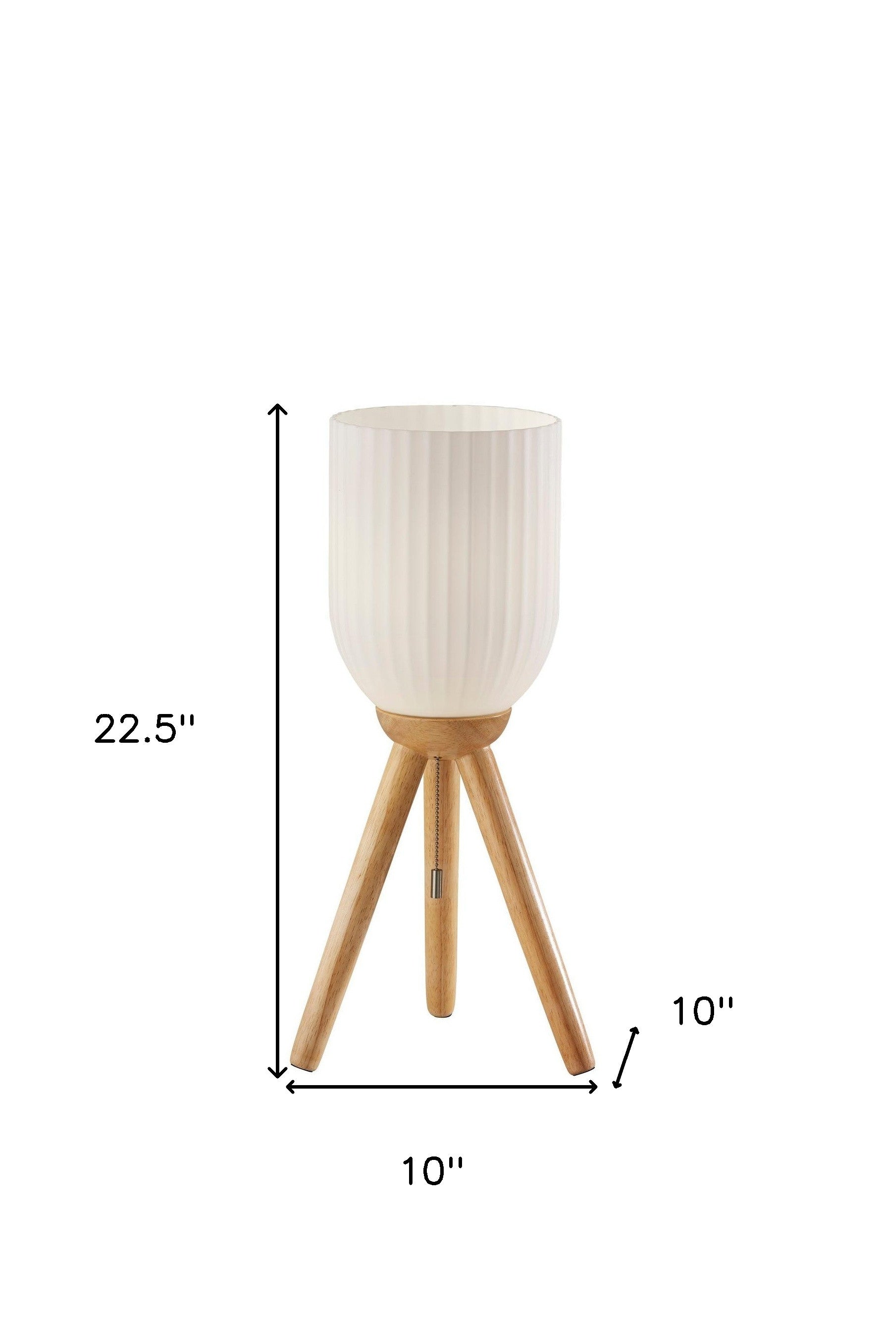 23" Brown Solid Wood Tripod Table Lamp With White Ribbed Dome Shade 