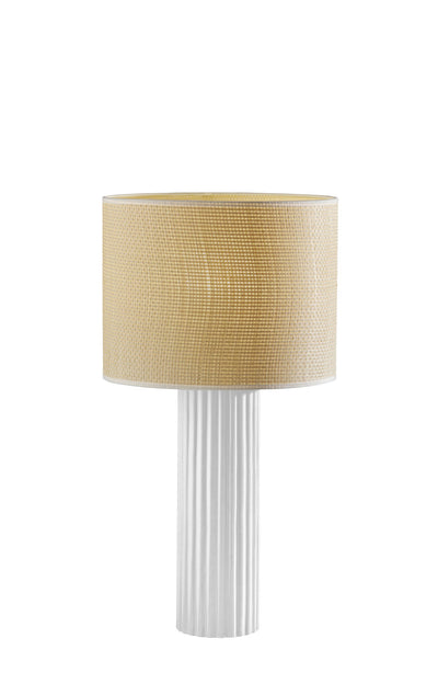 24" White Ceramic Cylinder Table Lamp With Beige Drum Shade 