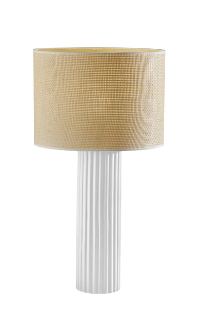 29" White Ceramic Cylinder Table Lamp With Beige Drum Shade 