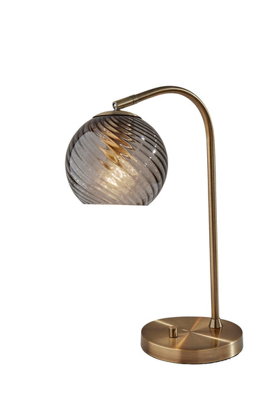 19" Antiqued Brass Metal Cylinder Desk Table Lamp With Gray Swirl Globe Shade 