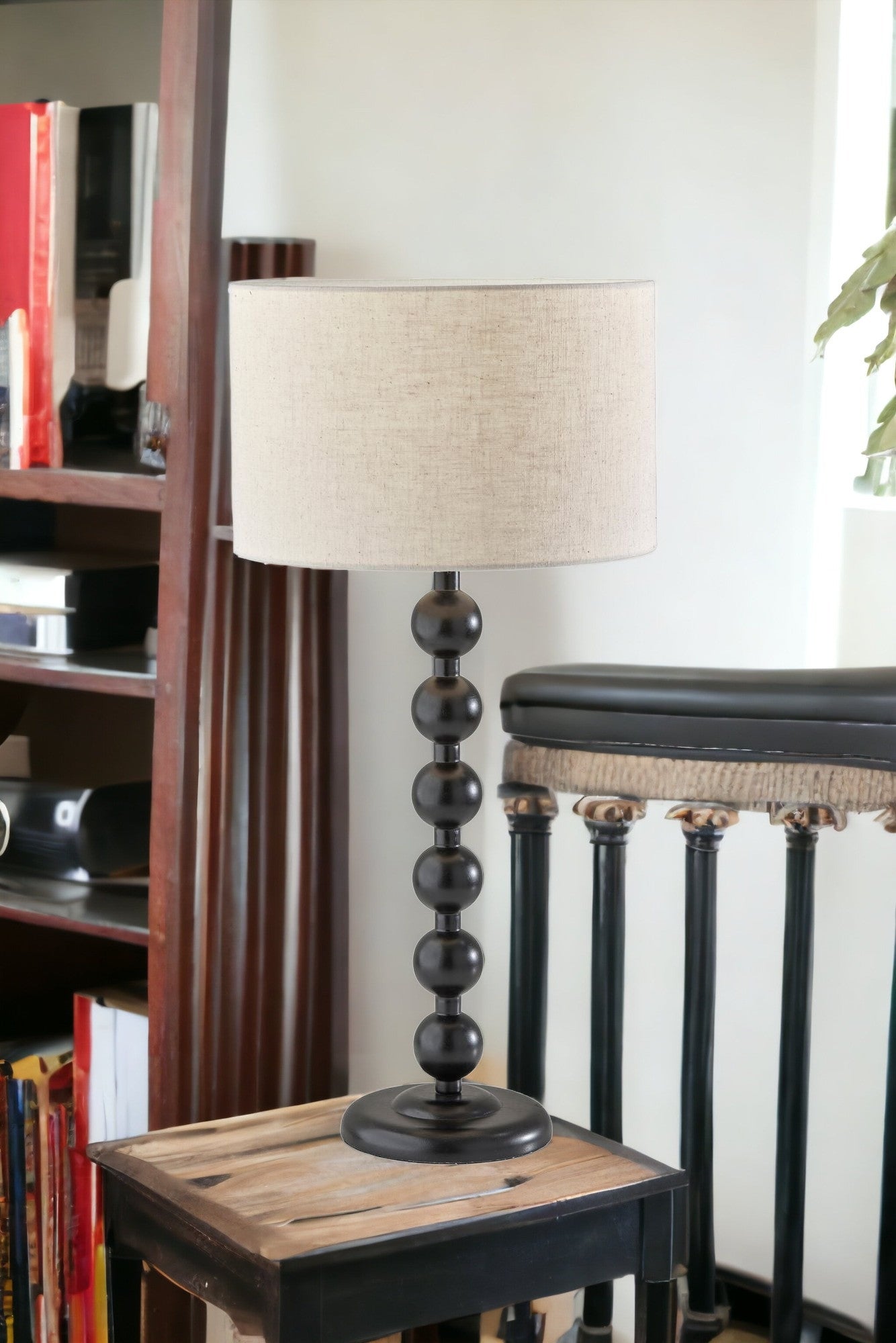 28" Black Solid Wood Candlestick Table Lamp With Off White Drum Shade