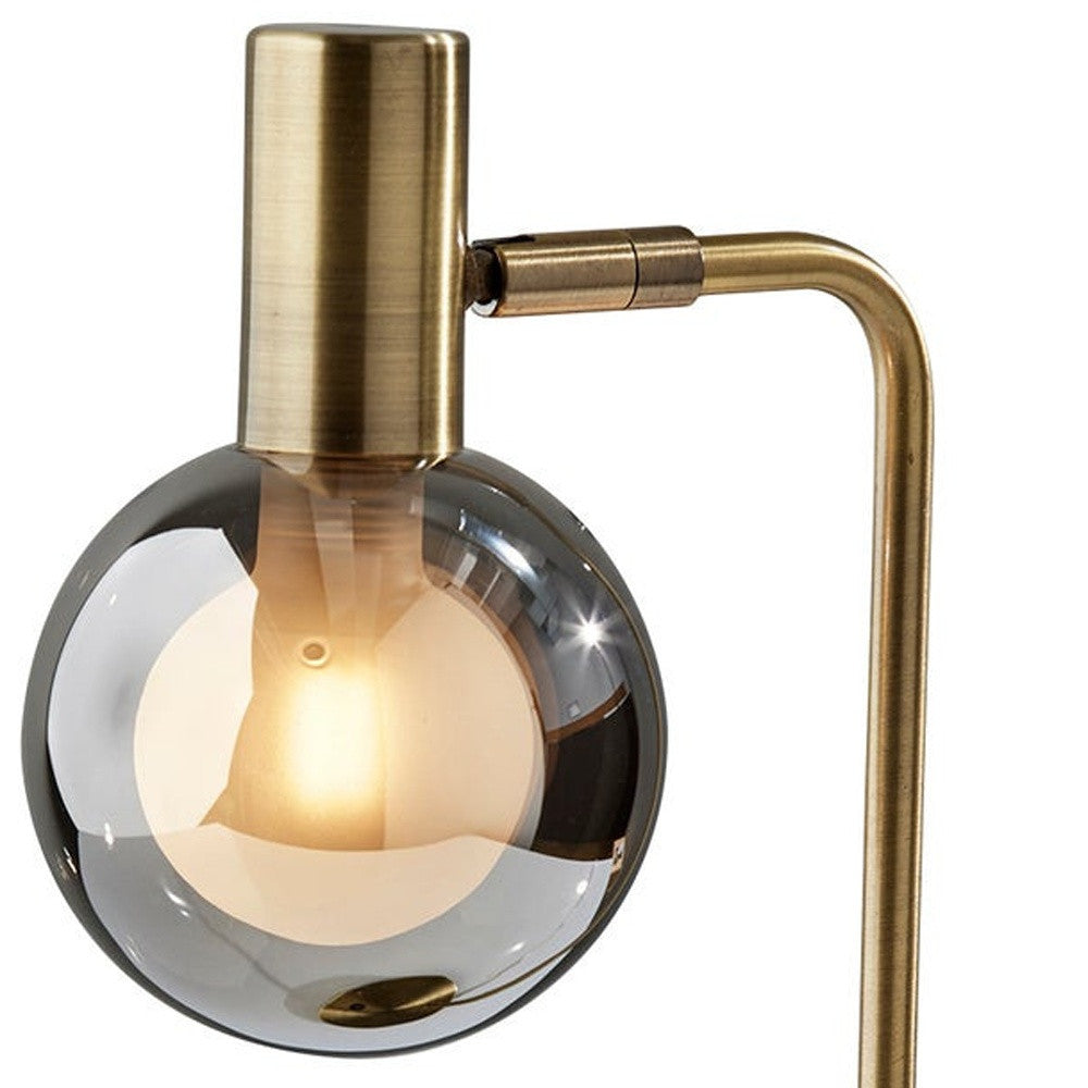 18" Antiqued Brass Metal Cylinder Desk Table Lamp With Gray Globe Shade With Starling LED Bulb 