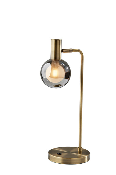 18" Antiqued Brass Metal Cylinder Desk Table Lamp With Gray Globe Shade With Starling LED Bulb 