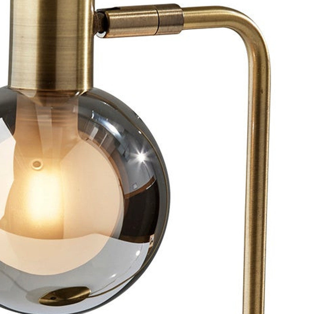 18" Antiqued Brass Metal Cylinder Desk Table Lamp With Gray Globe Shade With Starling LED Bulb 