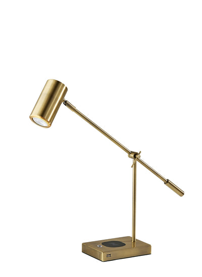 22" Antiqued Brass Metal Novelty Desk LED USB Table Lamp With Brass Drum Shade 