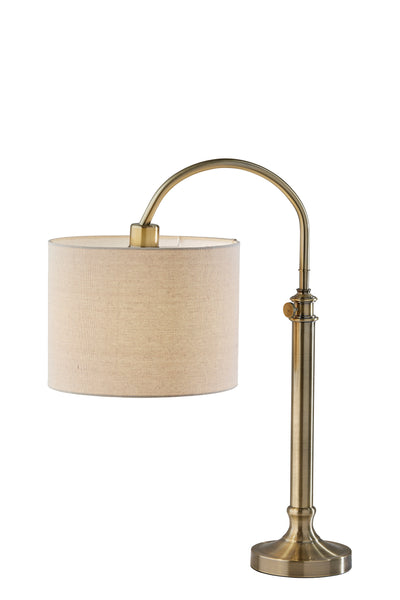 32" Antiqued Brass Metal Adjustable Cylinder Arched Table Lamp With Beige Drum Shade 