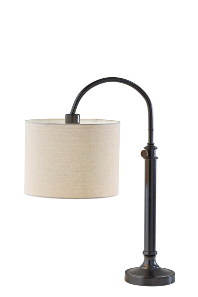 32" Antiqued Bronze Metal Adjustable Cylinder Arched Table Lamp With Beige Drum Shade 