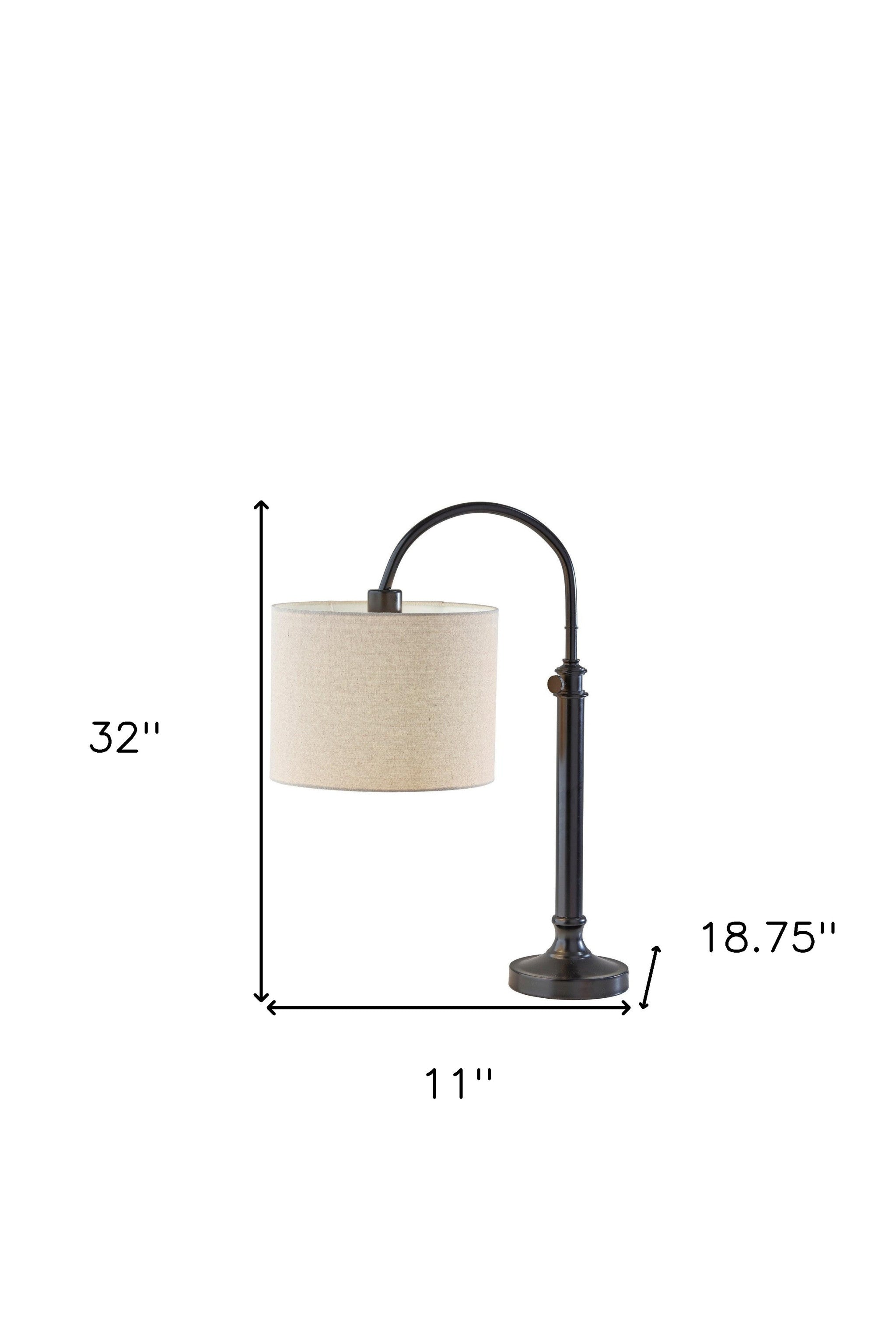 32" Antiqued Bronze Metal Adjustable Cylinder Arched Table Lamp With Beige Drum Shade