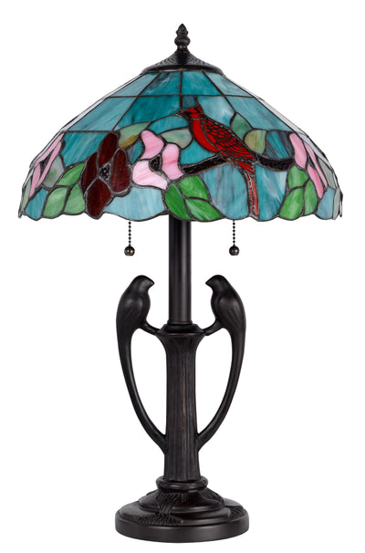 22" Bronze Two Light Tiffany Table Lamp With Aqua and Red Floral Shade 