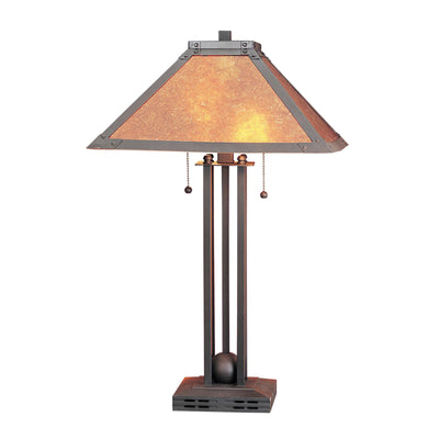25" Rust Metal Two Light Table Lamp With Amber Square Shade 