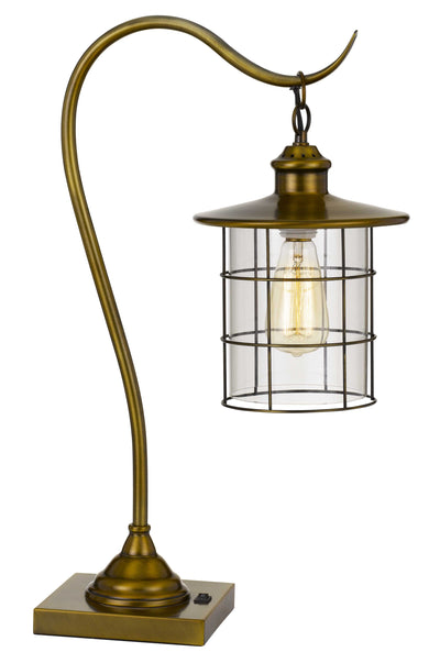 25" Antiqued Brass Metal Desk Table Lamp With Antiqued Brass Drum Shade 