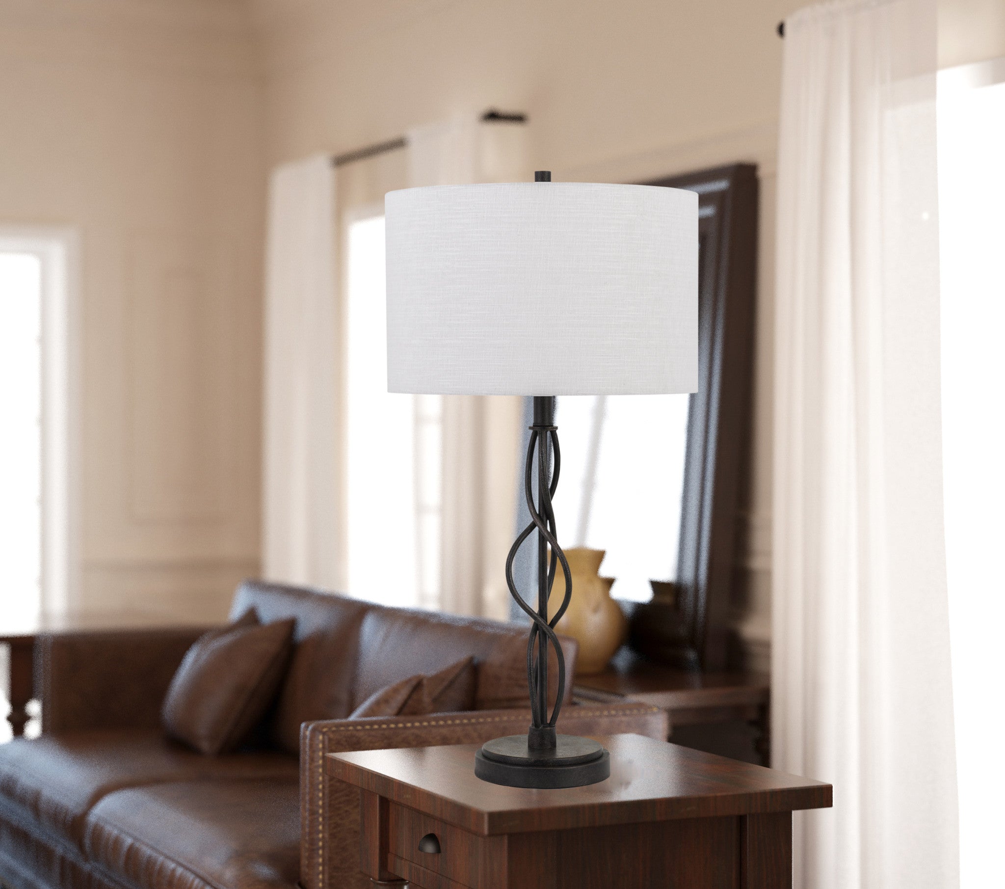 30" Bronze Metal Table Lamp With Off White Drum Shade 