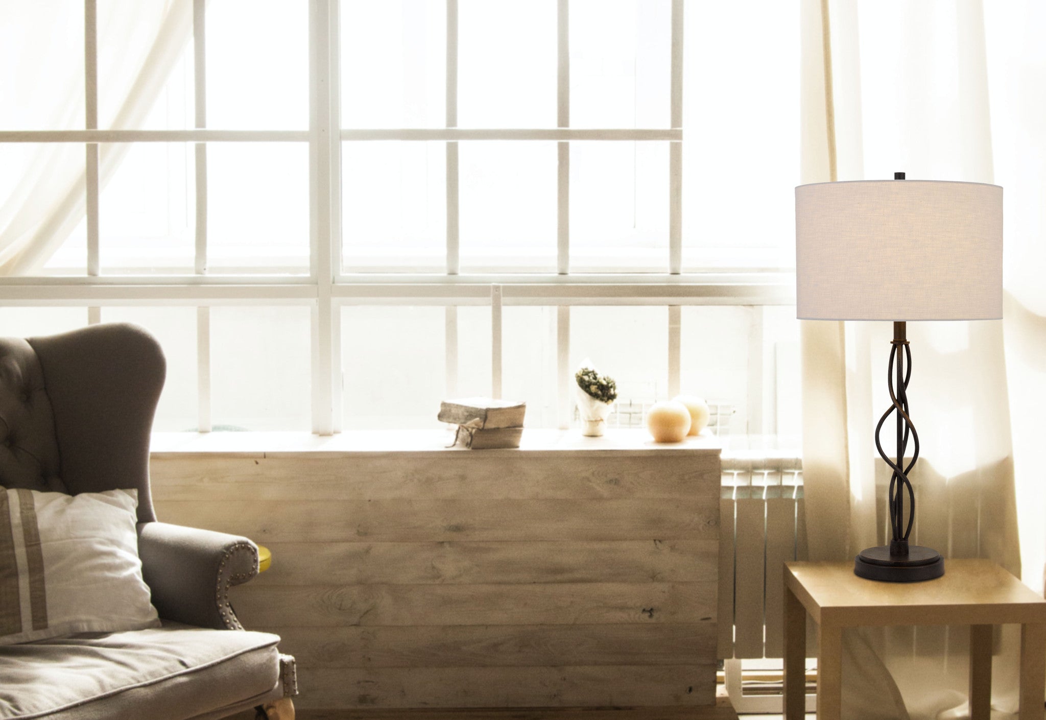 30" Bronze Metal Table Lamp With Off White Drum Shade 