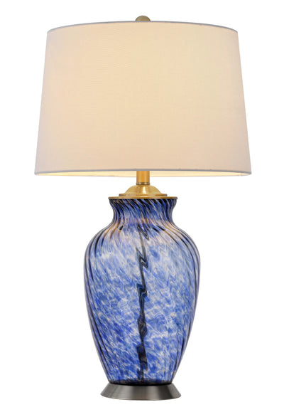 28" Blue Swirl Glass Table Lamp With White Empire Shade 